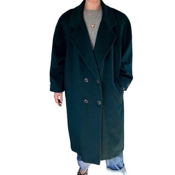 Vintage Ann Milstein Emerald Green Wool Exaggerated Shoulders Trench Coat Sz XL - Picture 10 of 12